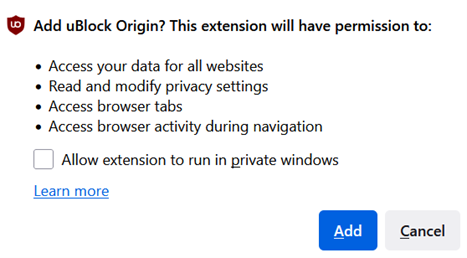 Figure 7 Añadir Extensión uBlock Origin.