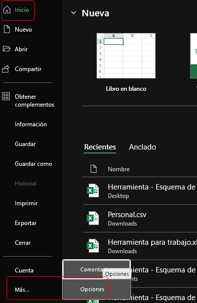 Figure 1 Abrir un libro Excel, ir a la sección *Opciones*.